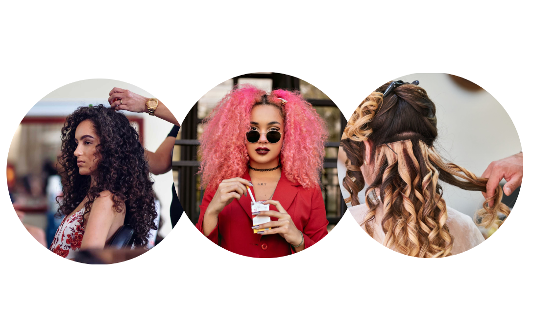 Three images in circles of woman with curly hair.